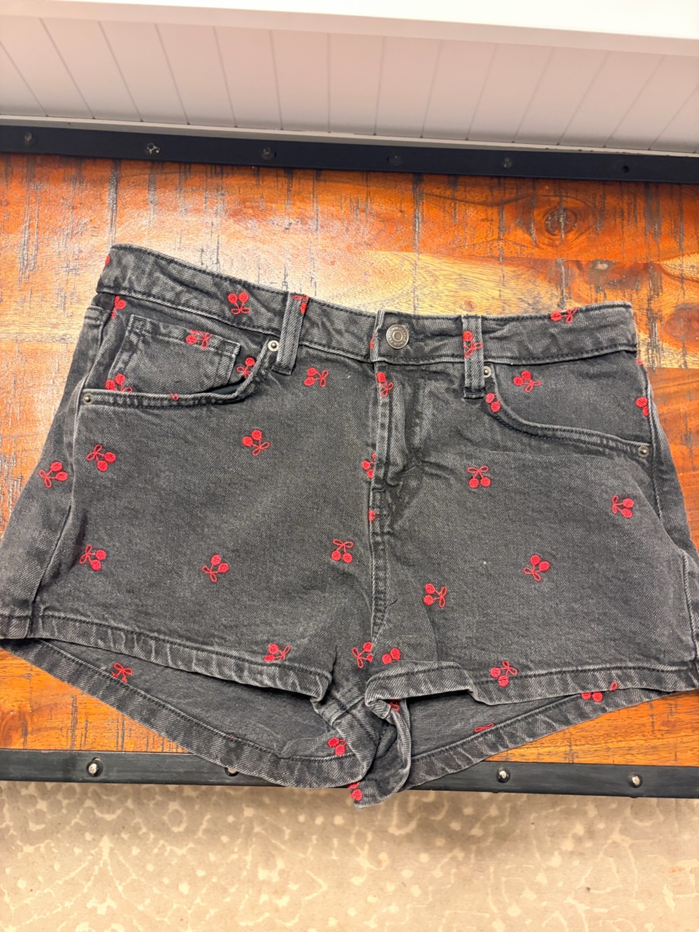 wild fable Black Denim Shorts with Red Cherry Embroidery